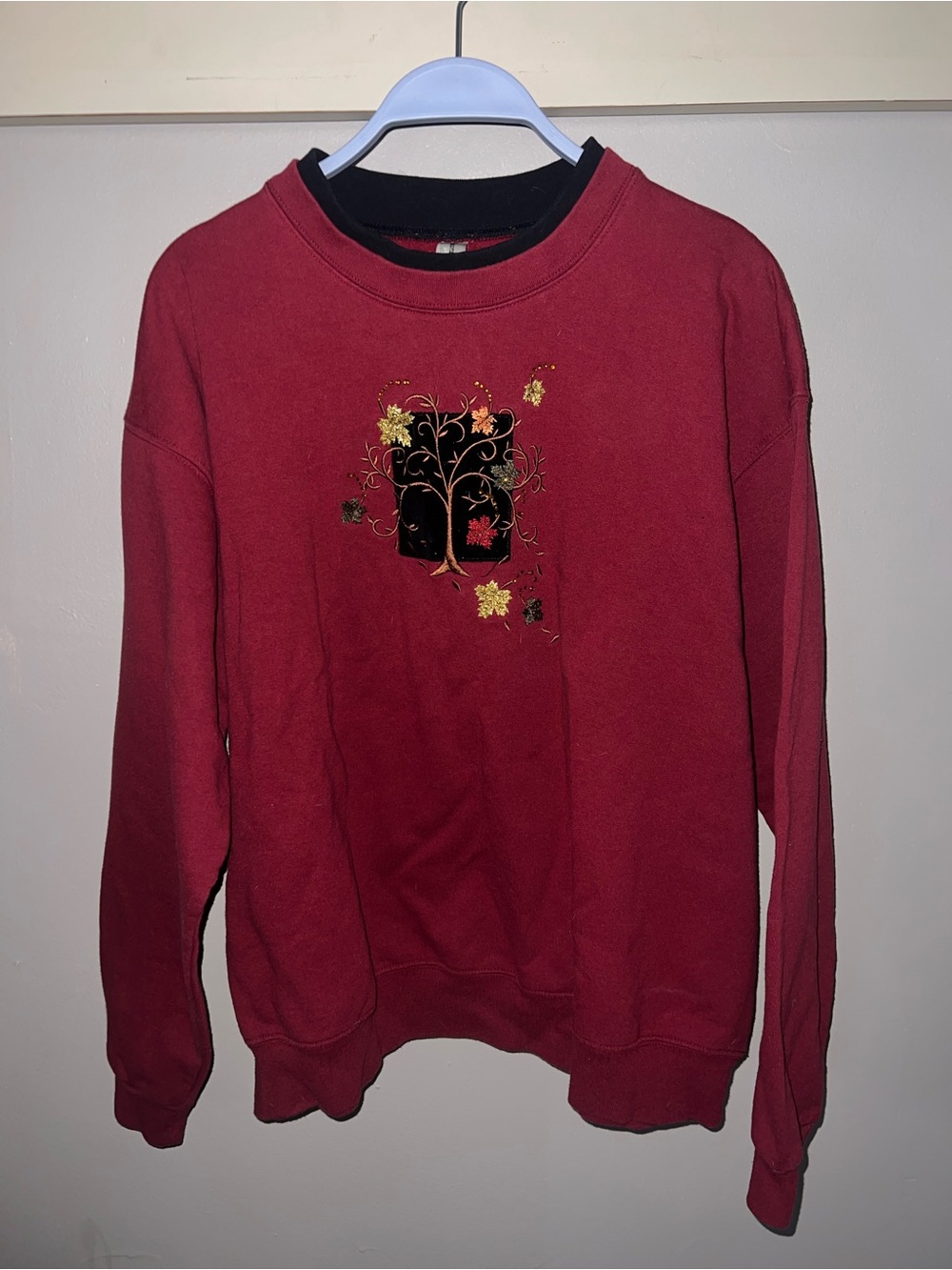 Red Crewneck Sweatshirt with Embroidered Tree/Fall